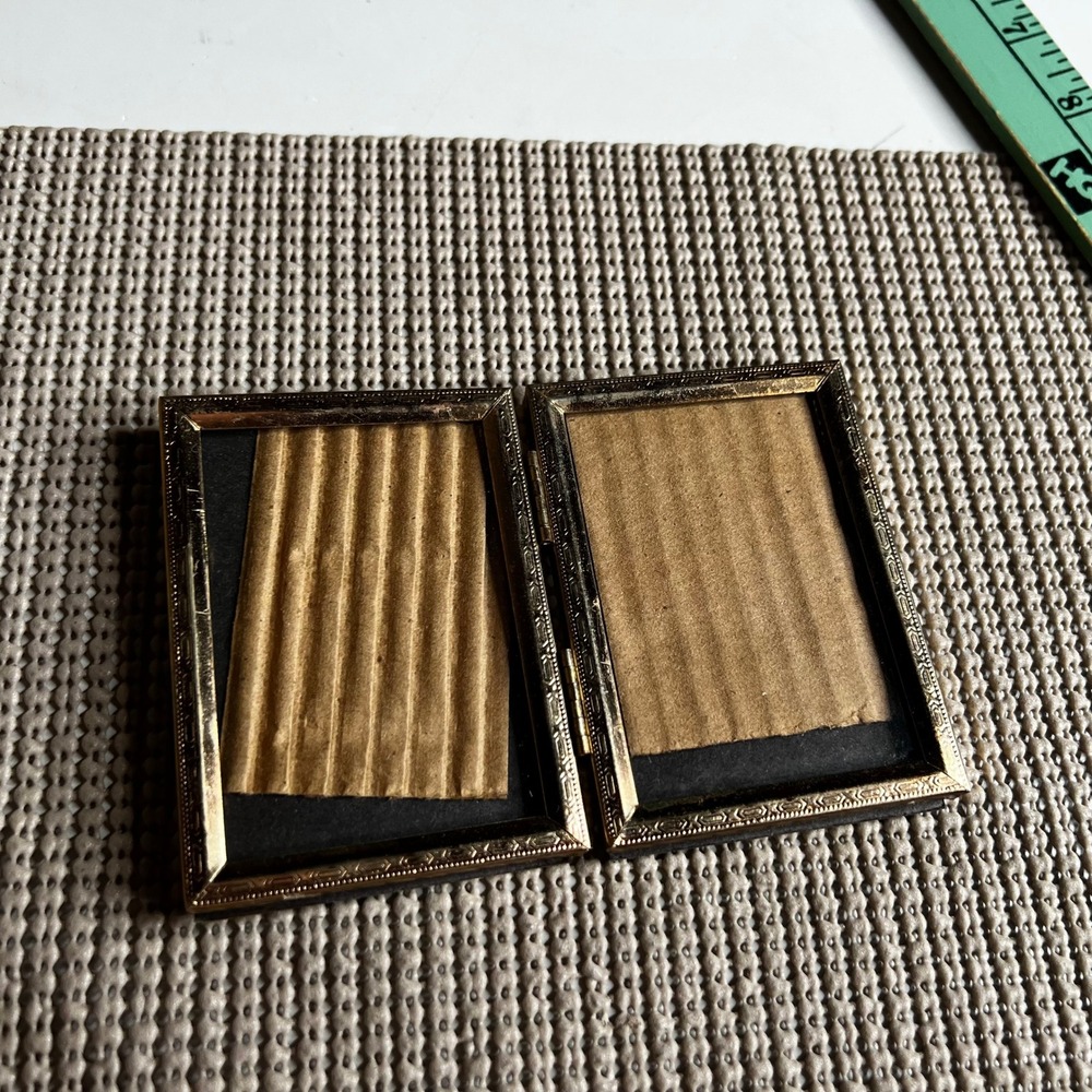 Vintage Gold Etched Metal Folding Double Picture Frame Miniature Travel Size